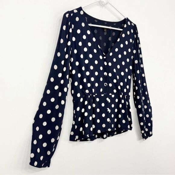 J. Crew Navy Blue White Polka Dot Crepe V Neck Button Front Peplum Blouse - Picture 10 of 16